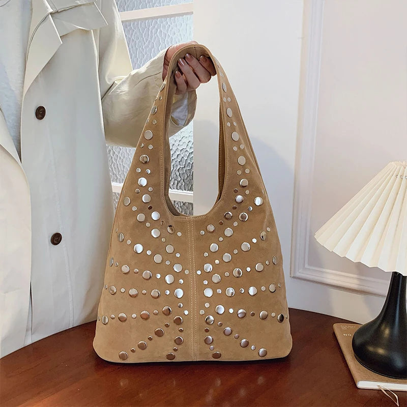 Women's Fashion Punk Metal Rivet Bucket Bag | High-End PU Suede Underarm Shoulder Tote | New Retro Trendy Motorcycle Handbag | Premium Solid Color Shoulder Bag with Hasp Closure Luxegan