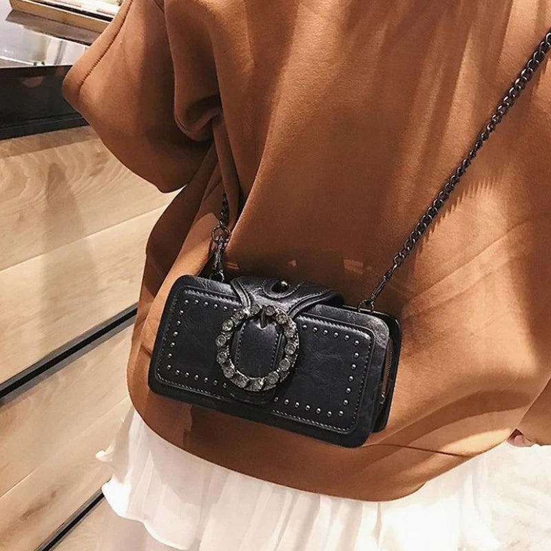 Vintage Round Rhinestone Buckle Shoulder Bag | Fashion Punk Design Top-Handle Crossbody Bag (Popular Rivets Decor Purse for Women) Luxegan