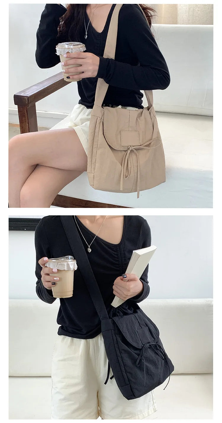 Vintage Flap Nylon Bow Crossbody Bag | Large Autumn Commuter Shoulder Bag & Simple Messenger Bag Luxegan