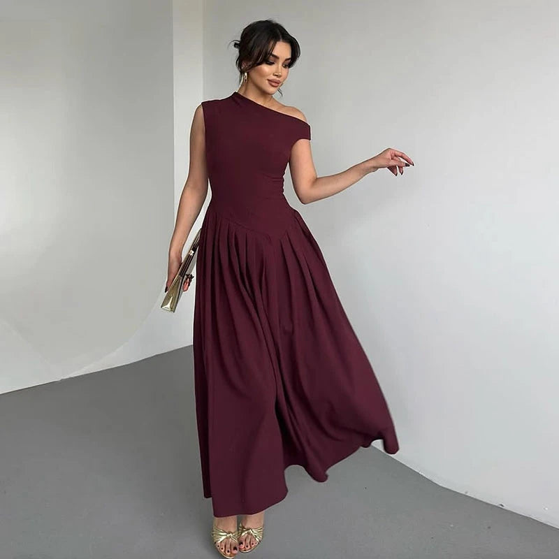 Women's Elegant Skew Collar Long Dress | Casual Summer Loose Fit Asymmetrical Midi Gown | Ruched Sleeveless Fit and Flare Robe | Premium Empire Waist Solid Dress Model Sexy Dress Women Luxegan