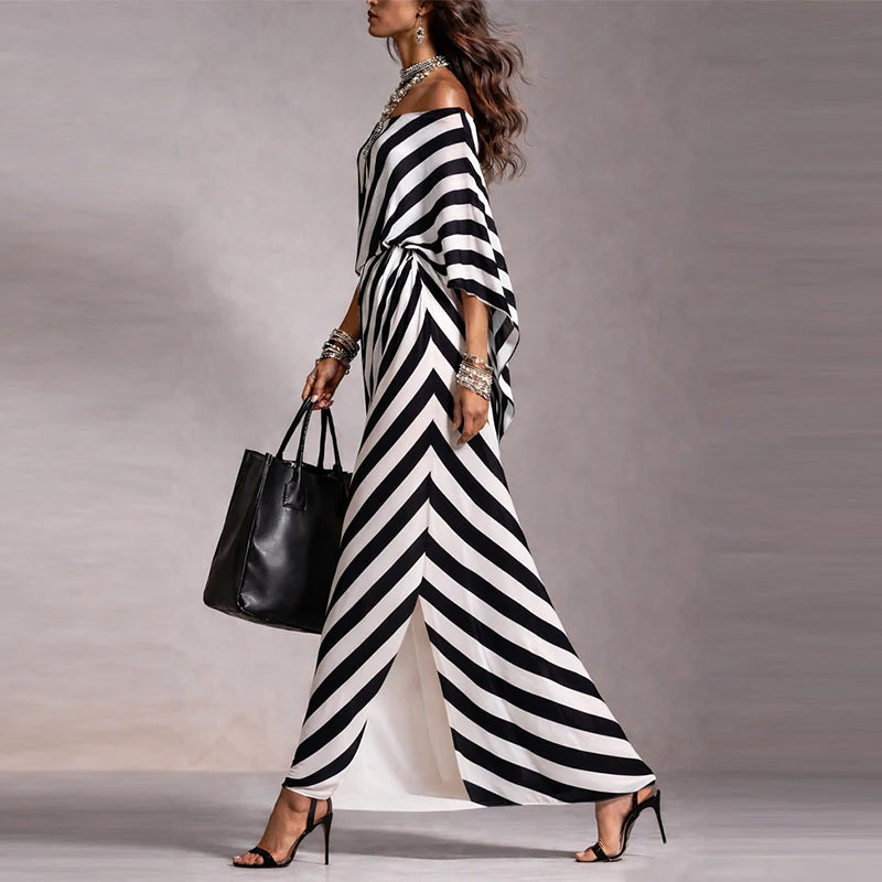 Off-Shoulder Half Sleeve Printed Loose Boho Midi Dress | Elegant Beach Holiday Maxi Dress Luxegan