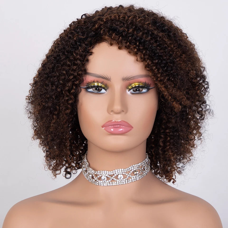 Sleek Ombre Highlight Kinky Curly Human Hair Wig | Peruvian Curly Bob Luxegan