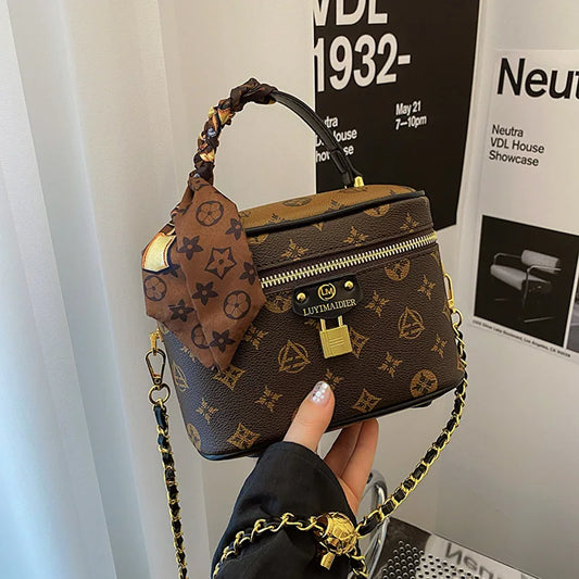 Vintage Printing Ladies Shoulder Bag | Fashion Crossbody Small Square Bag & Simple Chain Girls Cosmetic Bag (Scarf Decoration) Luxegan