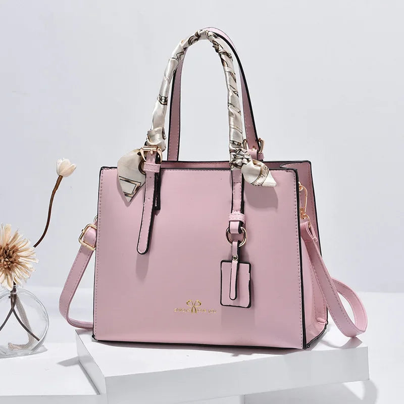 New Elegant Ladies’ Shoulder Messenger Bag | Sophisticated Simple PU Leather Square Bag | Fashion-Forward Large Capacity Handbag with Silk Scarf Decoration | Professional High-Street Casual Tote Luxegan