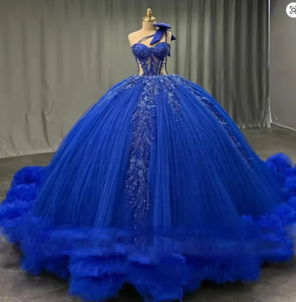 Red Puff Ruched Train Ball Gown Quinceanera Dress With Bow One Shoulder Beaded Appliques Sweet 15 Vestidos De 15 Años Customized