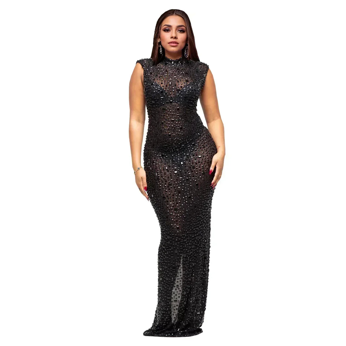 Solid O-Neck Sleeveless Diamond Embellished Slim Fit Straight Midi Dress – Natural Waist, Medium Stretch, Autumn/Winter Luxegan