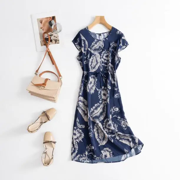 Print Round Neck Flare Sleeve Loose Straight Midi Dress – Mulberry Silk, Summer