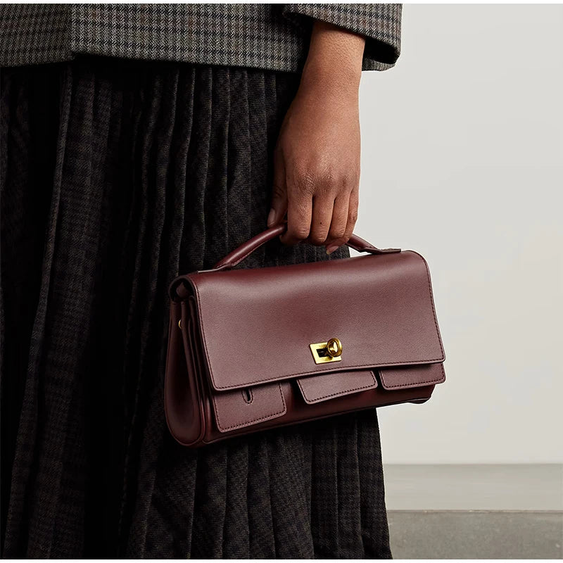 Genuine Leather Solid Satchel | Soft Black Lock Design Shoulder Crossbody Bag Luxegan