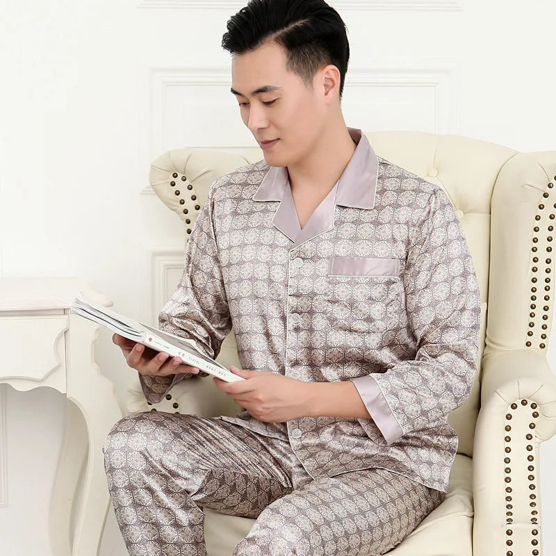 Men's Premium Ice Silk Pajama Set | Luxury Paisley Long-Sleeved Sleepwear Suit | Thin Turn-Down Collar Nightwear | Plus Size High-Quality Home Clothes Male Suit Model SY5004 Luxegan