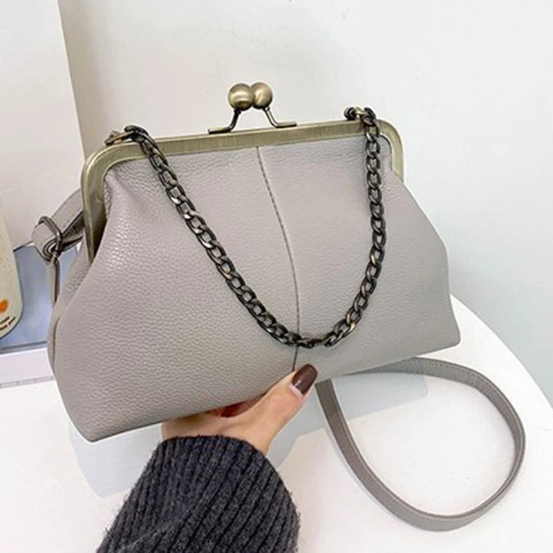 Vintage PU Shell Bag | Lychee Pattern Clip Chain Shoulder & Crossbody Luxegan