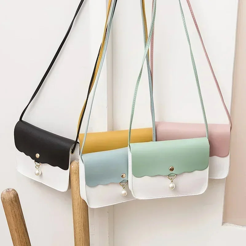 Fashion Simple PU Leather for Women | Solid Color Shoulder Messenger Bag & Lady Pendant Pearl Travel Small Handbag Luxegan