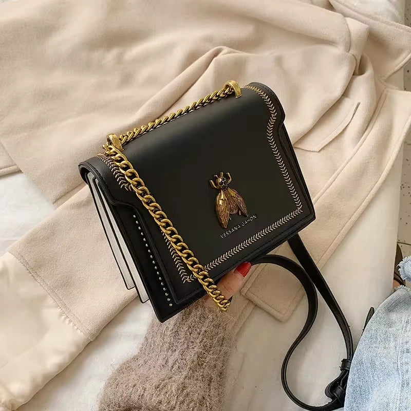 High-Quality Genuine Leather Square Handbag | Luxury Retro Bee Designer Crossbody Bag Luxegan