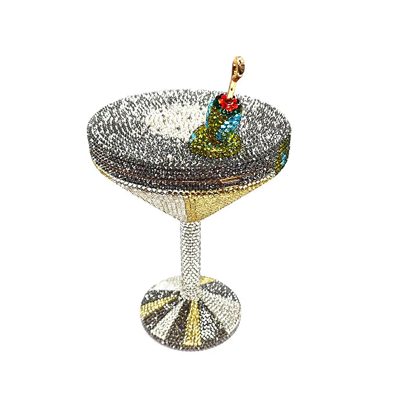 Stunning Rhinestone Martini Glass Purse | Sophisticated Luxury Crystal Olive Cocktail Bag | Elegant Bridal & Evening Party Clutch | "Dignified" Hard-Shell Metallic Minaudière for High-Fashion Styling Luxegan