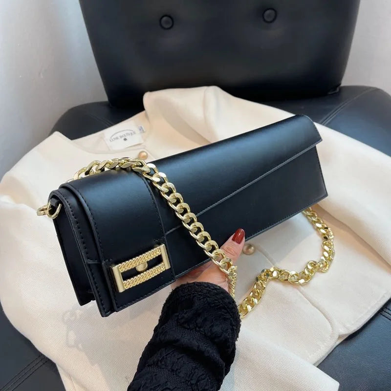 High Quality Klein Blue PU Leather Shoulder Bag for Women | Fashion Rectangle Underarm Purse (Ladies' Solid Handbag with Chains) Luxegan