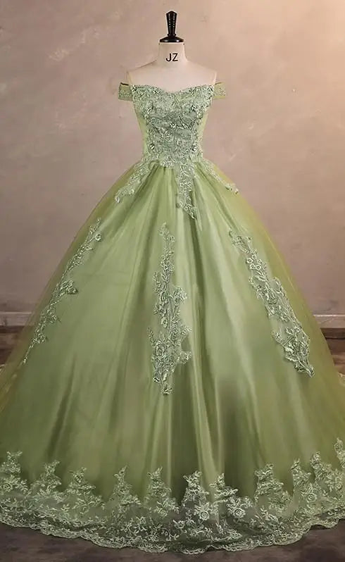 Luxury Floral Tulle Quinceañera Ball Gown | Off-The-Shoulder Sweet 15 Party Dress | Floor-Length Embroidered Lace Princess Dress Luxegan