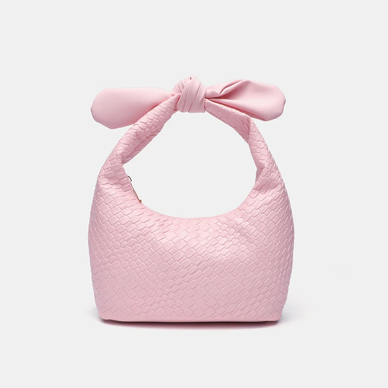 Light Luxury Woven PU Hand-Held Half Moon Bag | Solid Color Bow Handbag Luxegan