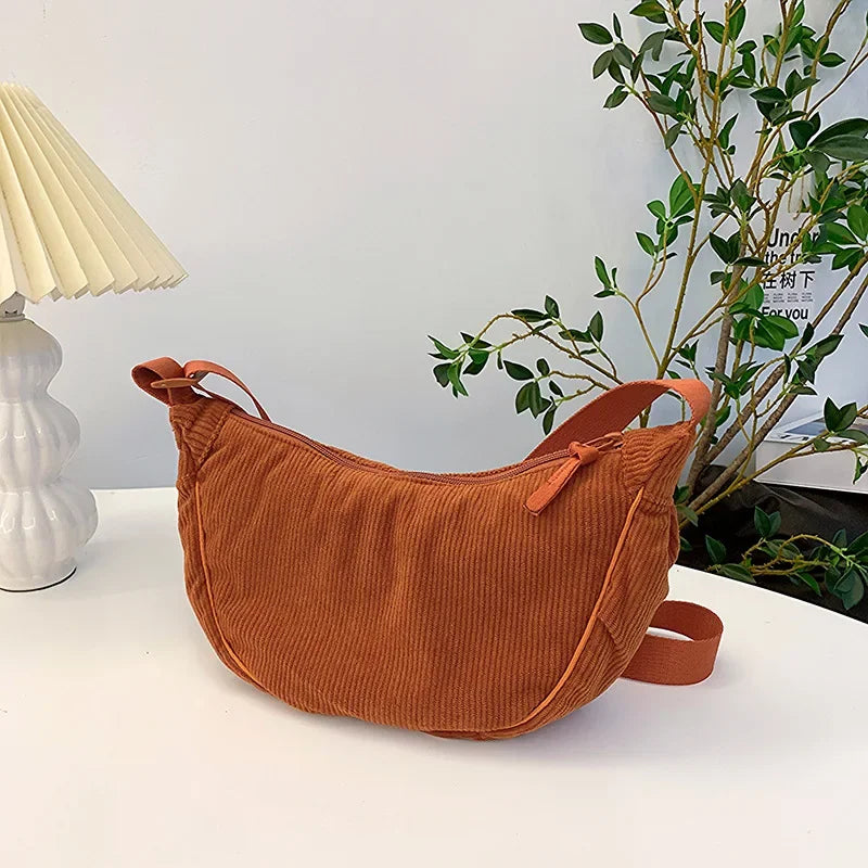 Solid Color Corduroy Women's Hobos Shoulder Bag | Retro Casual Female Crossbody Bags | Ladies Daily Travel Handbags Messenger Bag Luxegan