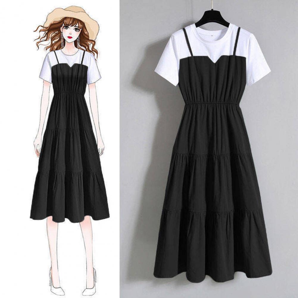 Solid Round Neck Short Sleeve Loose Fit-and-Flare Mid-Calf Dress – Elastic Waist, Spring/Summer Luxegan