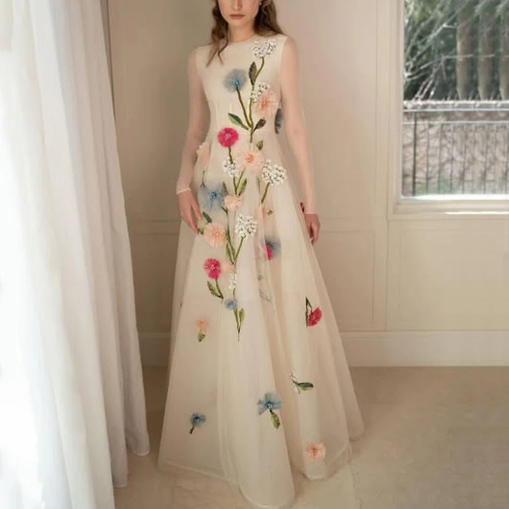 Luxury Flower Evening Dress for Women | Custom-Made O-Neck Long Sleeve Formal Gown | Premium Tulle A-Line Floor-Length Party Dress | Modern Candy-Color Regular Full Sleeve Dress (Model 2025073001) Luxegan