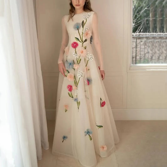 Luxury Flower Evening Dress for Women | Custom-Made O-Neck Long Sleeve Formal Gown | Premium Tulle A-Line Floor-Length Party Dress | Modern Candy-Color Regular Full Sleeve Dress (Model 2025073001) Luxegan
