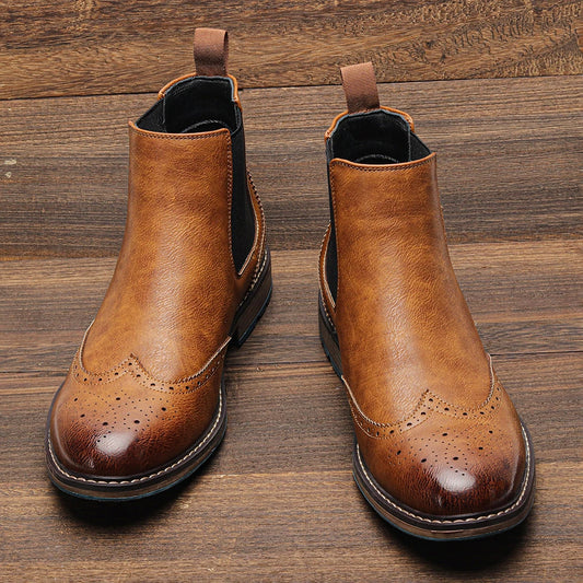 Brogue Chelsea Men's Boots | American Style Comfortable Fashion Leather Boots (Low Heel) Luxegan