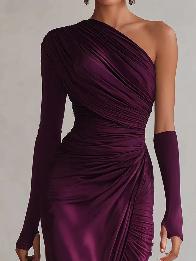 One-Shoulder Skew Collar Patchwork Maxi Dress | Solid A-Line Long Sleeve Elegant Holiday Party Dress Luxegan