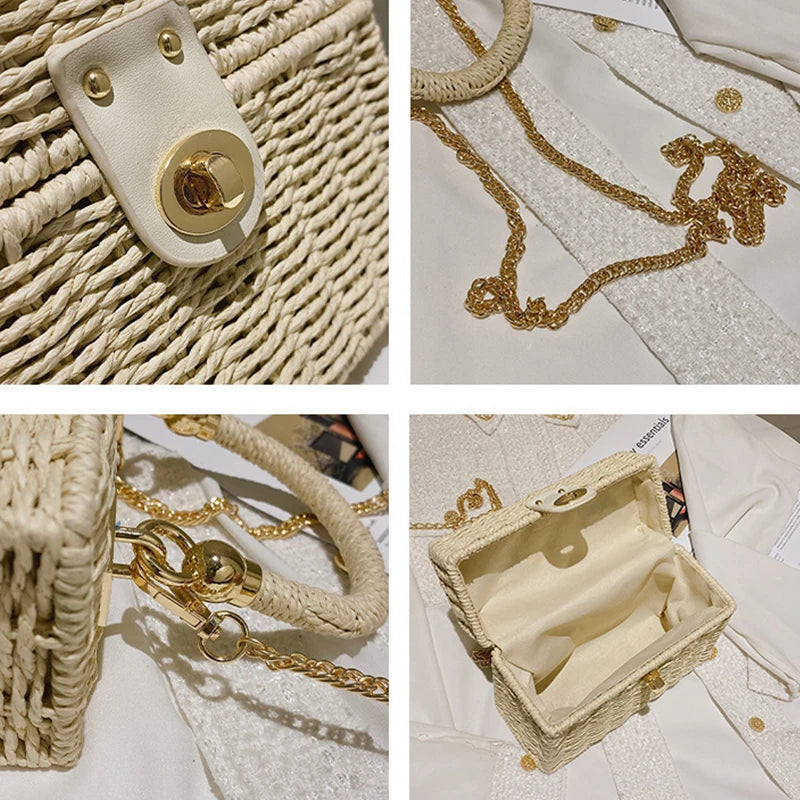 Hard Straw Woven Box Crossbody | Bohemian Chain Beach Bag Luxegan