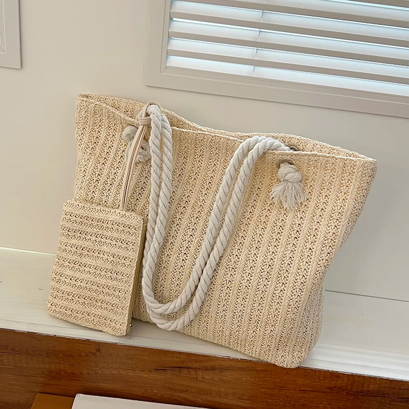 Designer Women’s Straw Tote | Sophisticated Large Capacity Beach Bag | Elegant Casual Bali-Inspired Purse | Luxury "Dignified" Woven Straw Handbag with Secure Hasp Closure Luxegan