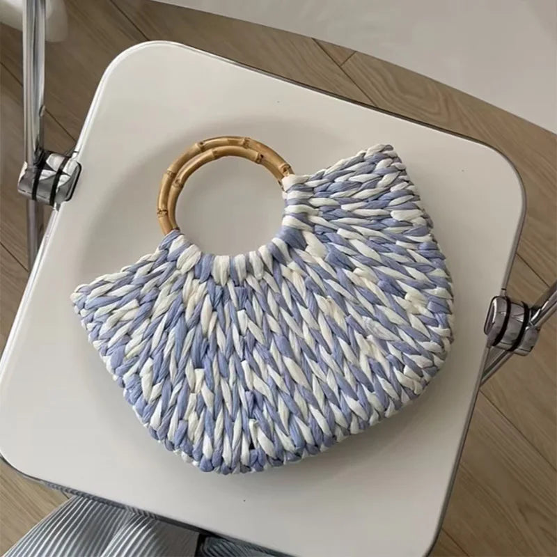 Designer Women's Pearlescent Inlay Half Moon Crossbody Bag | Exquisite Shell Beaded Handbag with Sequin & Wooden Handle Tote Luxegan