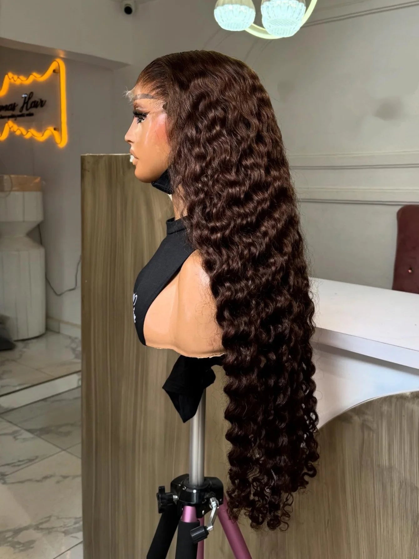 32 & 34-Inch Chocolate Brown Deep Wave HD Lace Wig | Sophisticated 200% Density 13x4 Transparent Frontal | Elegant "Brazilian Remy" Silhouette | "Dignified" Pre-Plucked Curly Human Hair for Radiant Versatile Styling Luxegan