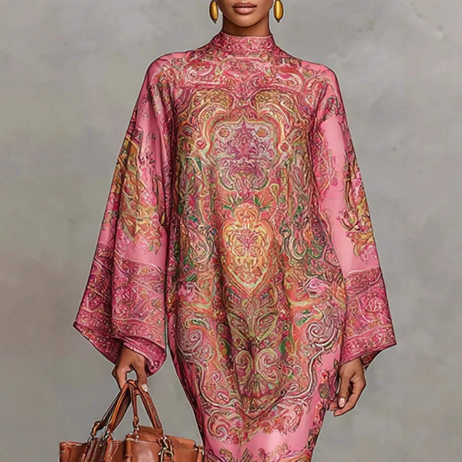 Women's Geometric Print Flare Sleeve Maxi DressLuxegan