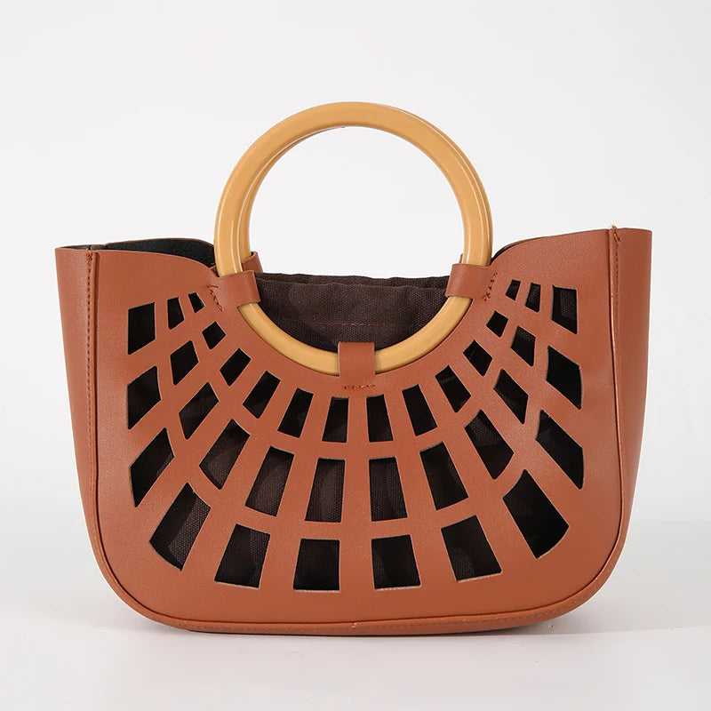 Hollow-Out PU Leather Tote Bag | Lightweight Square Handbag & Stylish Shopping Bag Luxegan