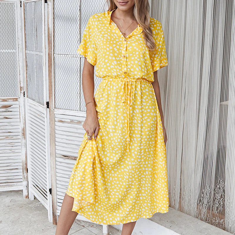 Polka Dot Short Sleeve A-Line Dress – Button Front, Knee-Length, Summer Casual Luxegan