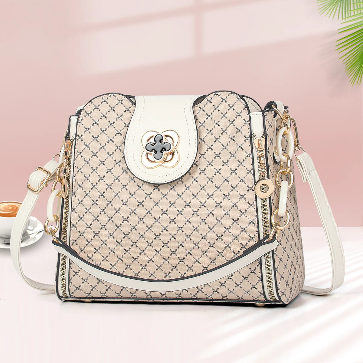 Luxury Flip-Over Bucket Crossbody | Large Capacity Geometric Print Bag Luxegan