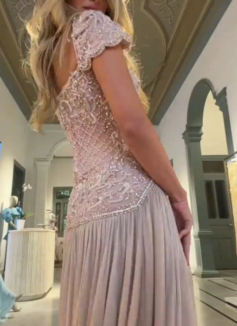 Aunber Luxury Nude Pink A-Line Cap Sleeves Beaded Evening Dress with  Crystals Bow for Formal Occasion Gowns Customized
