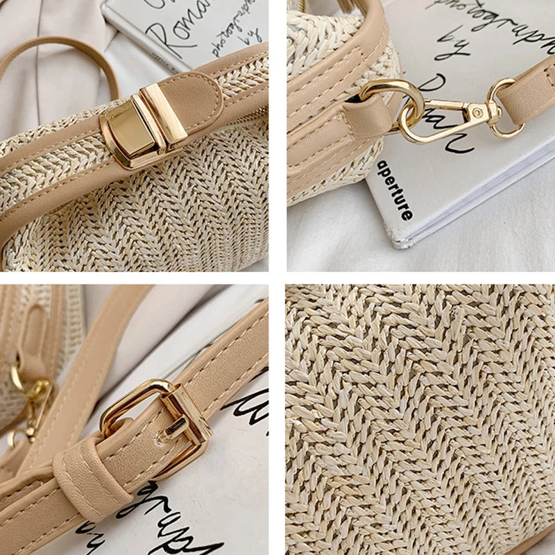 Bohemian Small Knitting Straw Bucket Bag | Casual Summer Crossbody Luxegan
