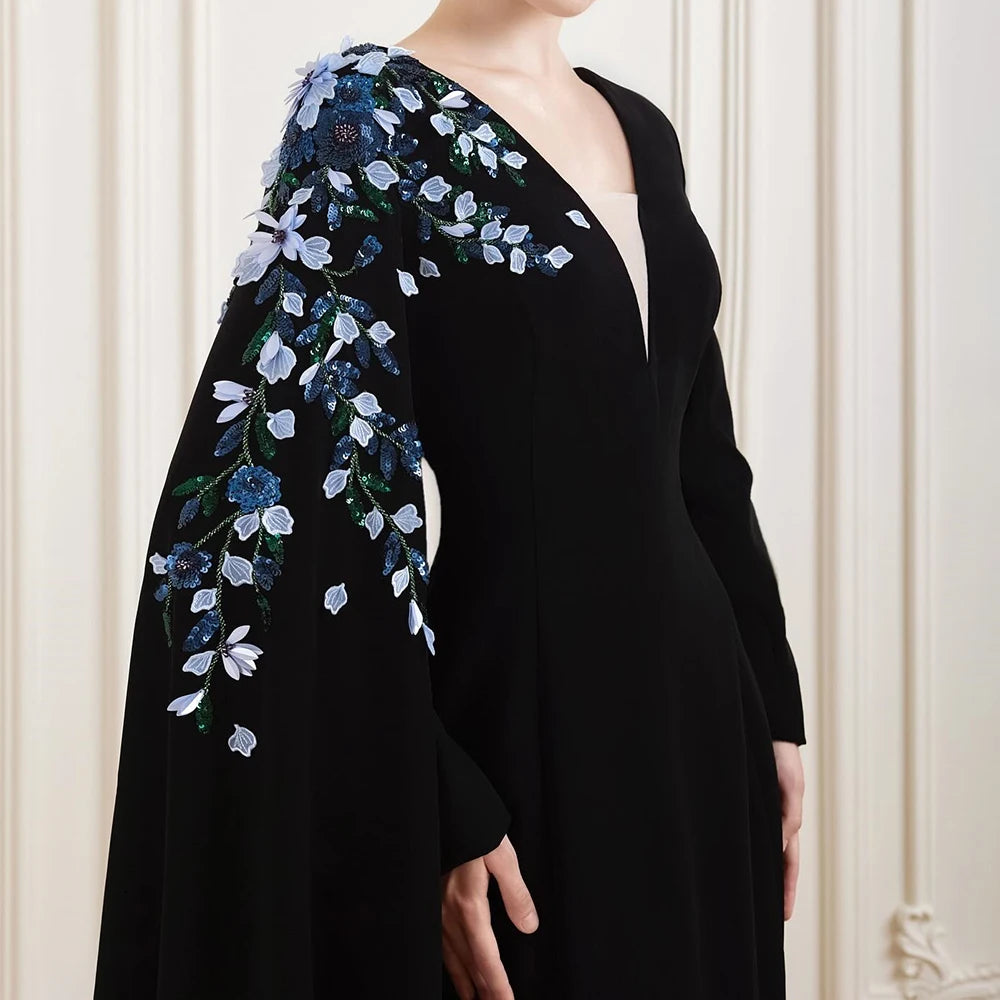 Bespoke A-Line Evening Dress with Fashion Flowers Stole | Simple V-Neck Full Sleeve Floor-Length Prom Gown | Luxurious Draped Jersey Formal Party Dress | Model zrj Customized Occasion Wear Luxegan
