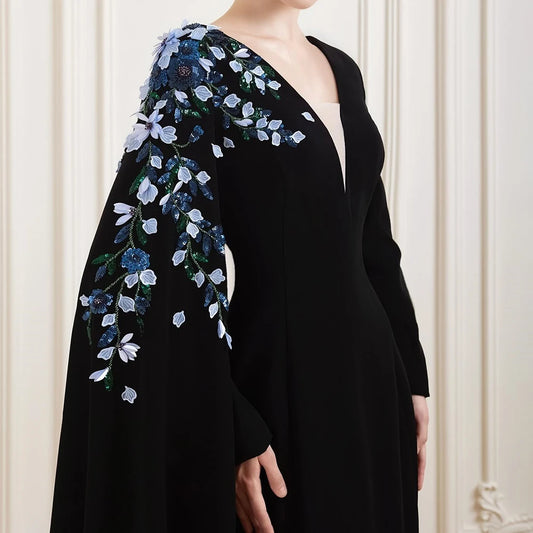 Bespoke A-Line Evening Dress with Fashion Flowers Stole | Simple V-Neck Full Sleeve Floor-Length Prom Gown | Luxurious Draped Jersey Formal Party Dress | Model zrj Customized Occasion Wear Luxegan