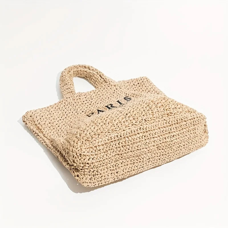 Paper Straw Solid Casual Tote | Soft Large Capacity Handmade Woven Beach Bag Luxegan