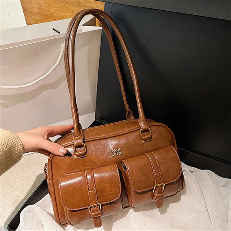 Women’s Coffee Brown Multi-Pocket Handbag | Stylish Versatile Letter Crossbody Purse | Vintage PU Leather Shoulder Bag with Sequined Detail | Large Capacity Daily Tote for Travel & Work Luxegan