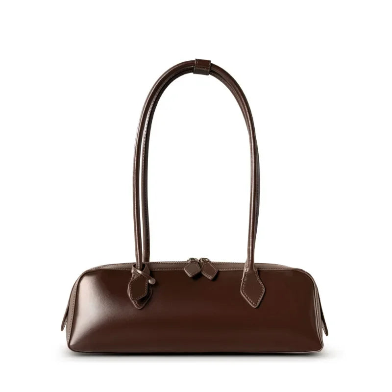 New Genuine Leather Women's Shoulder Bag | Large Capacity Cowhide Luxury Handbag (Long Strip Wine Red Baguette Bag) Luxegan