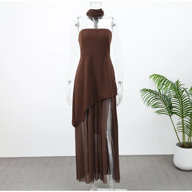 Elegant White Mesh Splicing Slim Women Strapless Dress Chic Scarf Neck Off Shoulder High Waist Long Dresses Lady Party Robes