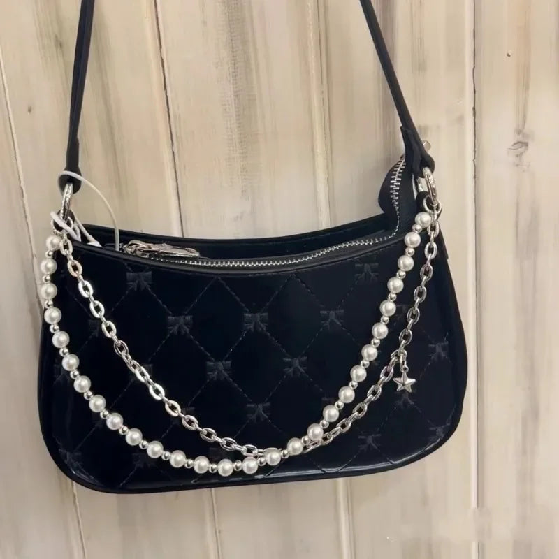 Women's Shoulder Bag | Elegant Cute Bow Pearl Chains & Embroidery Handbag (Casual Leather Korean Fashion Female Handbag) Luxegan