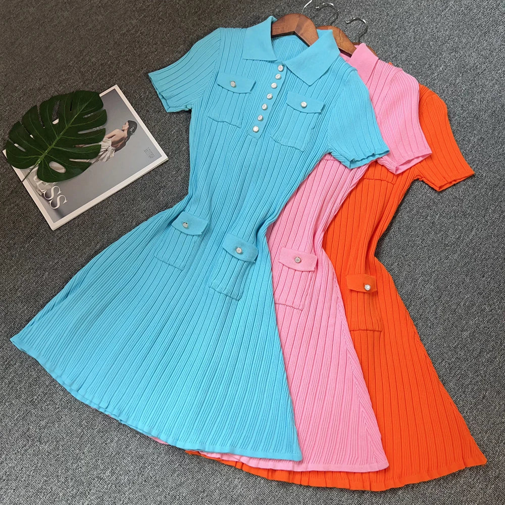 Women's Aesthetic Knitted Short Dress | Korean Fashion Turn-Down Collar Party Gown | High Street Buttoned Pockets Summer Dress | Premium Knit Medium Stretch A-Line Luxegan