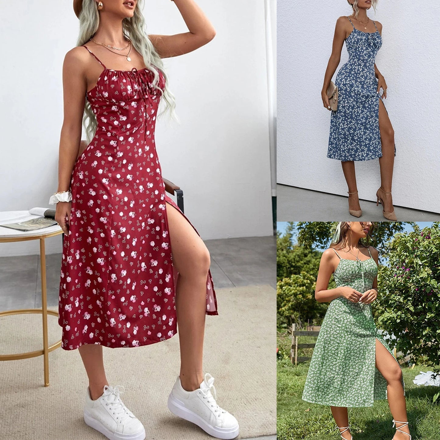 Women's Summer Trend Floral Dress | Elegant Flower Print Spaghetti Strap Maxi Dress | Premium Sleeveless High Slit Ladies Vestido | Trendy V-Neck High-Waist Flowy Special Occasion Summer Gown Luxegan