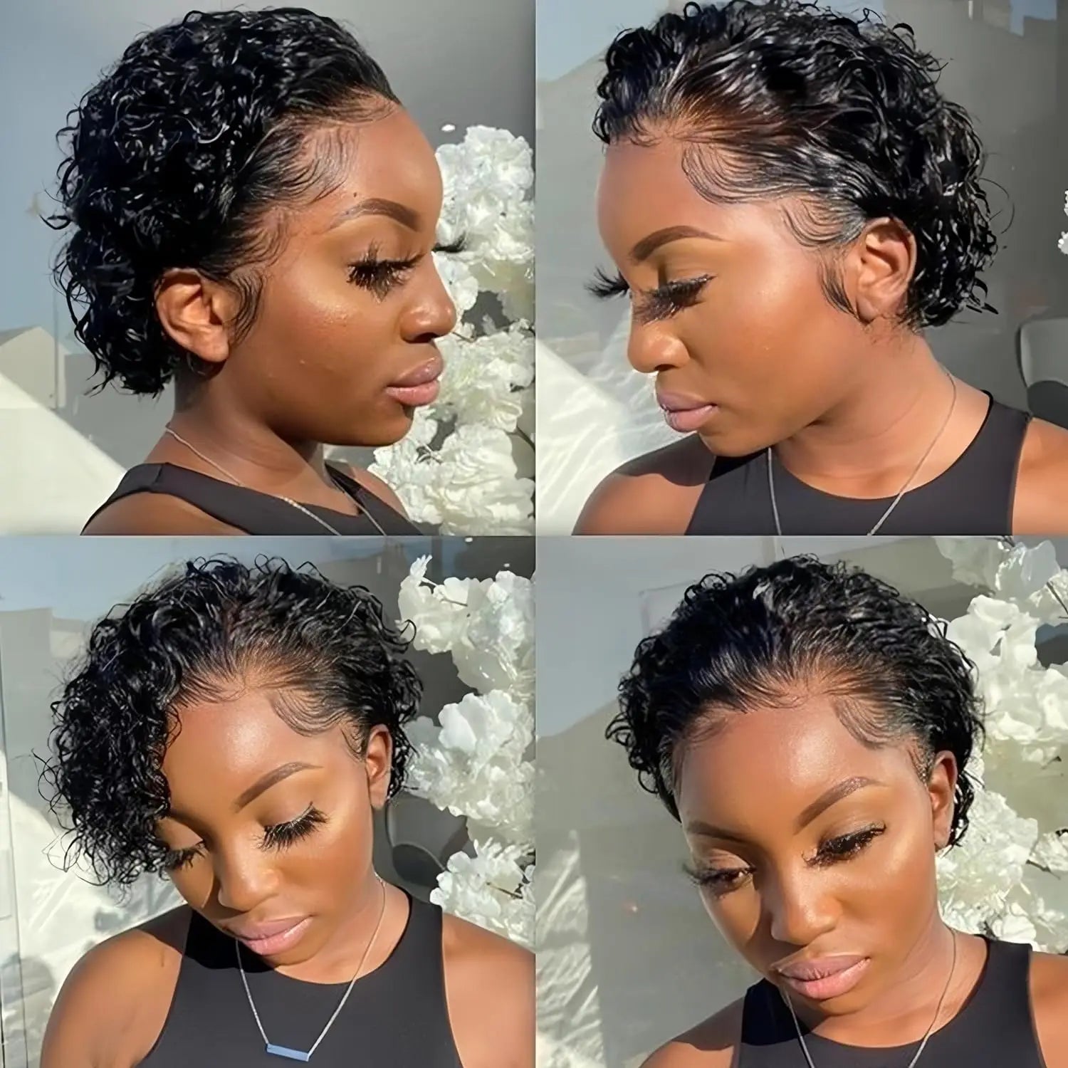 Short Curly Pixie Cut Transparent Lace Frontal Human Hair Wig - 13x4 Frontal & 13x1 T-Part Glueless Wig - 100% Brazilian Remy Human Hair #1B Natural Black Pre-Plucked Wig for Black Women (Fast Express Shipping) Luxegan