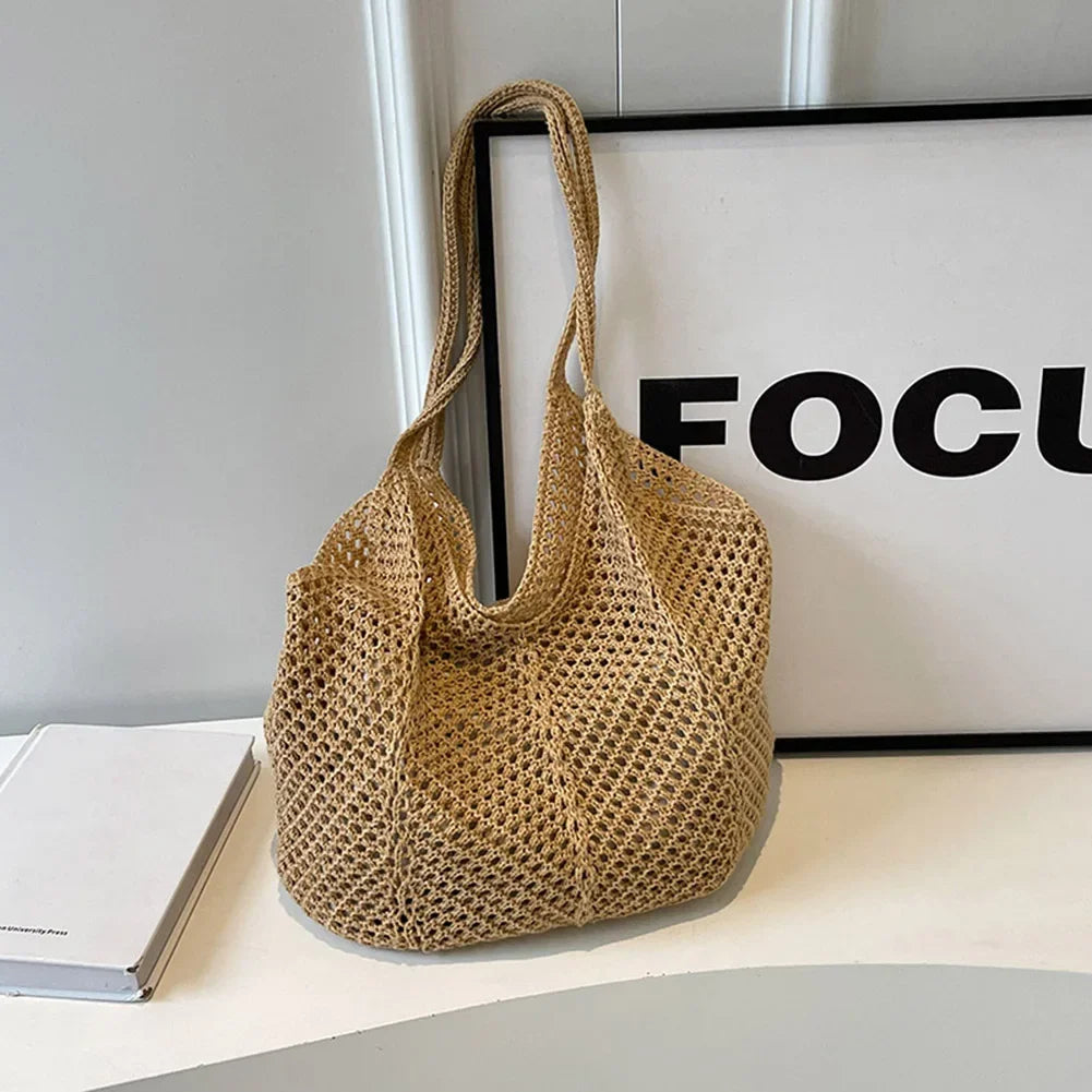 Fashionable Women’s Open-Weave Shoulder Bag | Large Capacity Knitted Underarm Bag | Minimalist Crochet Handbag | Summer Mesh Beach Bag for Vacation & Leisure Luxegan