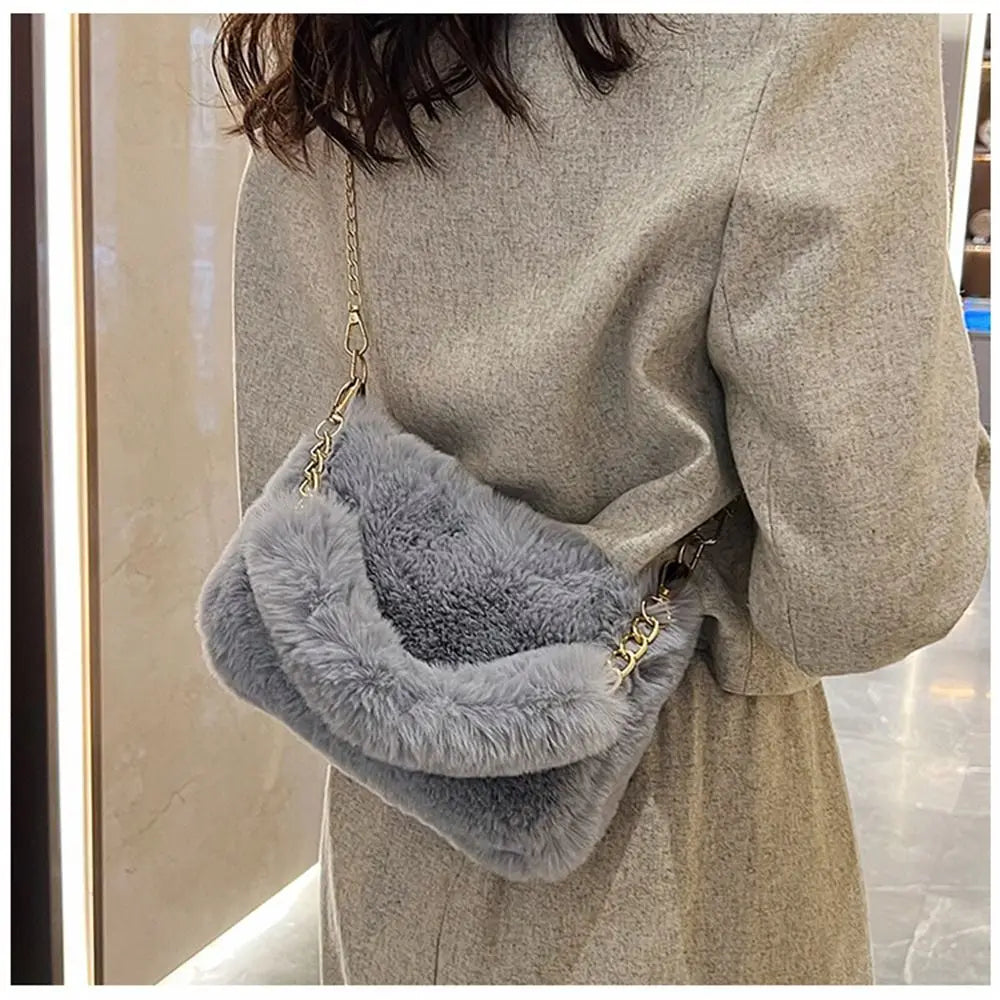 Fashion Women’s Fluffy Shoulder Bag | Sophisticated Winter Plush Underarm Bag | Elegant Solid Color Handbag with Chain Detail | Soft Handle Bag for Parties and Social Events Luxegan