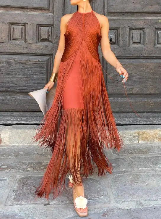 Tassel Halter Neck Midi Dress | Sleeveless A-Line Solid Casual Long Dress Luxegan