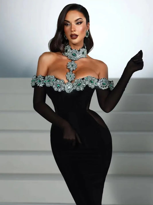 Women's Celebrity Black Bandage Maxi Dress | Sexy Diamonds Crystal Evening Gown | Elegant Off-The-Shoulder Bodycon Party Dress | Premium High Stretch Knit Slim Fit Floor-Length Luxegan